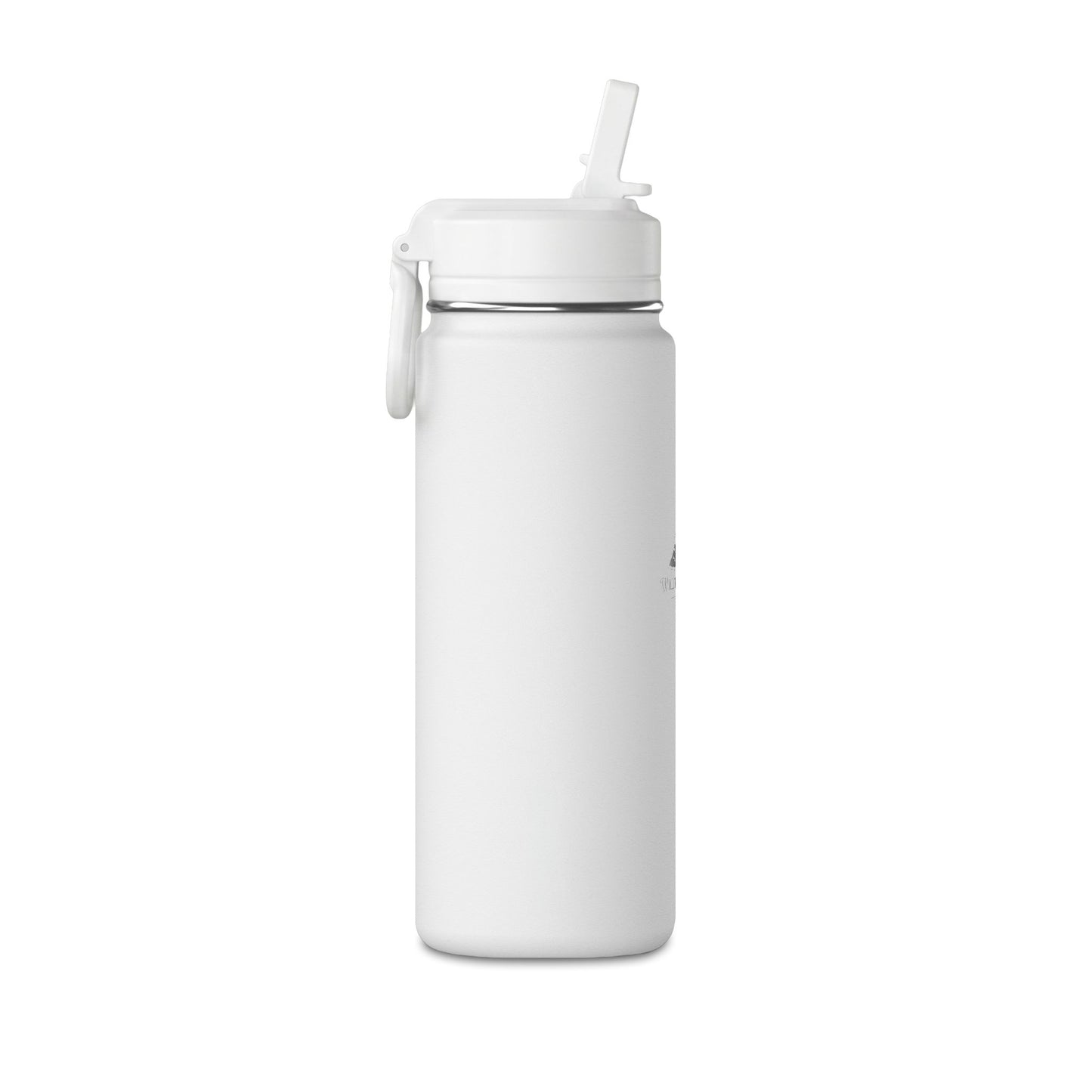 20oz Mini Water Bottle — White Travel Bottle with Straw, Mountain Adventure Logo