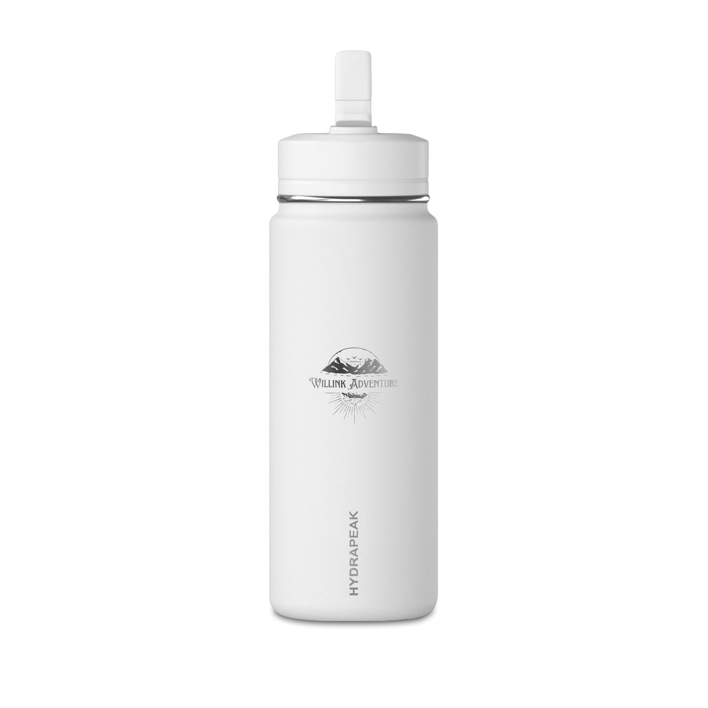 20oz Mini Water Bottle — White Travel Bottle with Straw, Mountain Adventure Logo