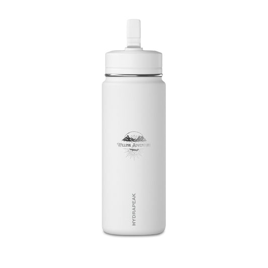20oz Mini Water Bottle — White Travel Bottle with Straw, Mountain Adventure Logo