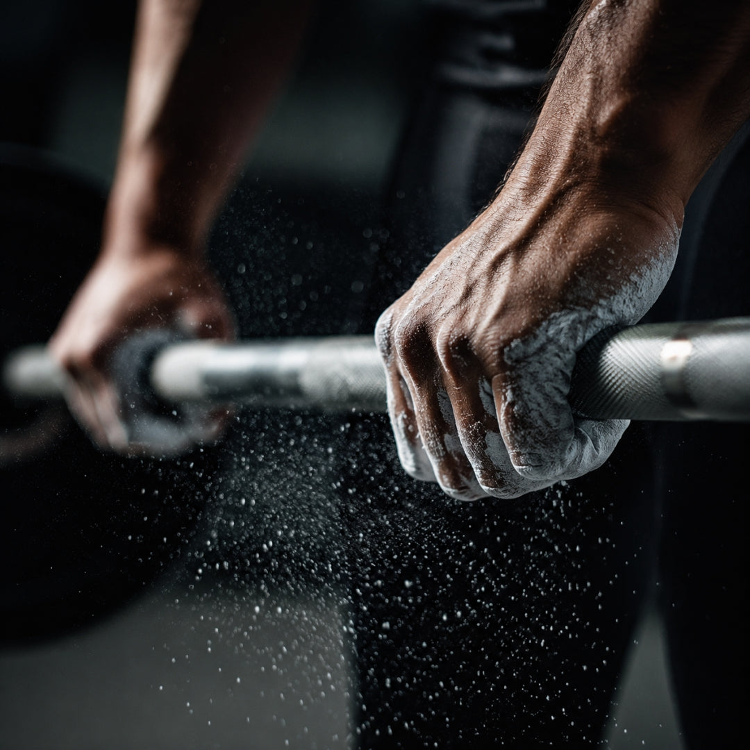 Close-up of hands gripping a barbell with chalk powder, against a dark background
