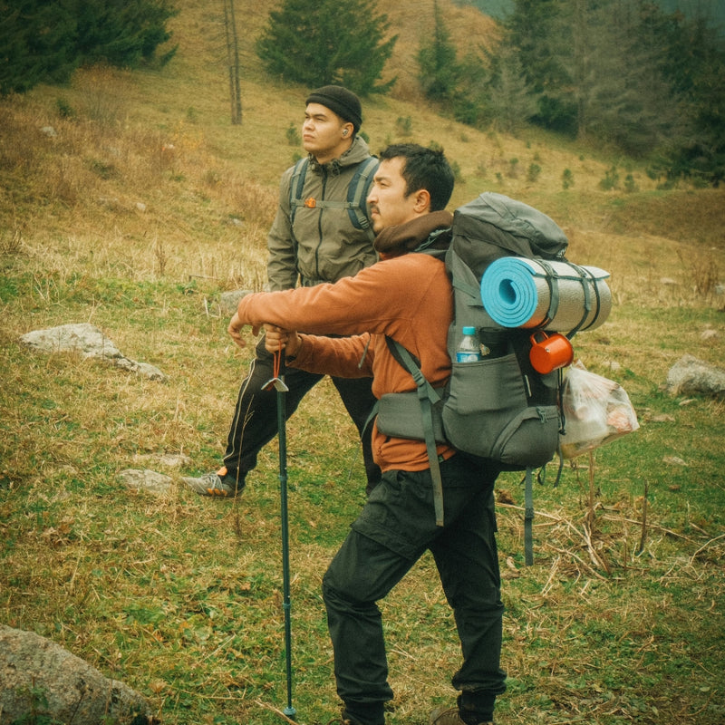 Two male hikers with large backpacks and trekking poles exploring mountains.