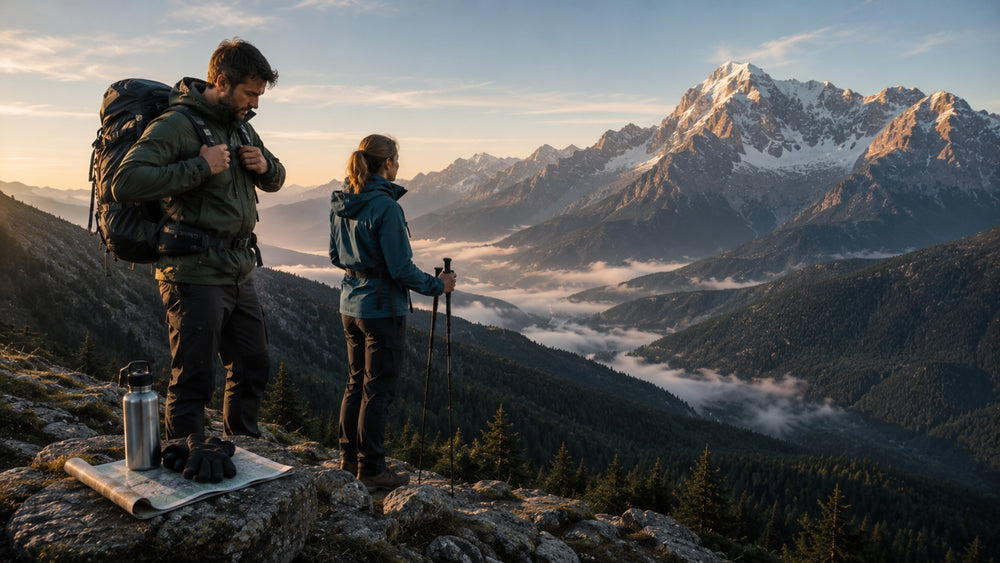 Two hikers with backpacks looking at a map on mountain peaks.