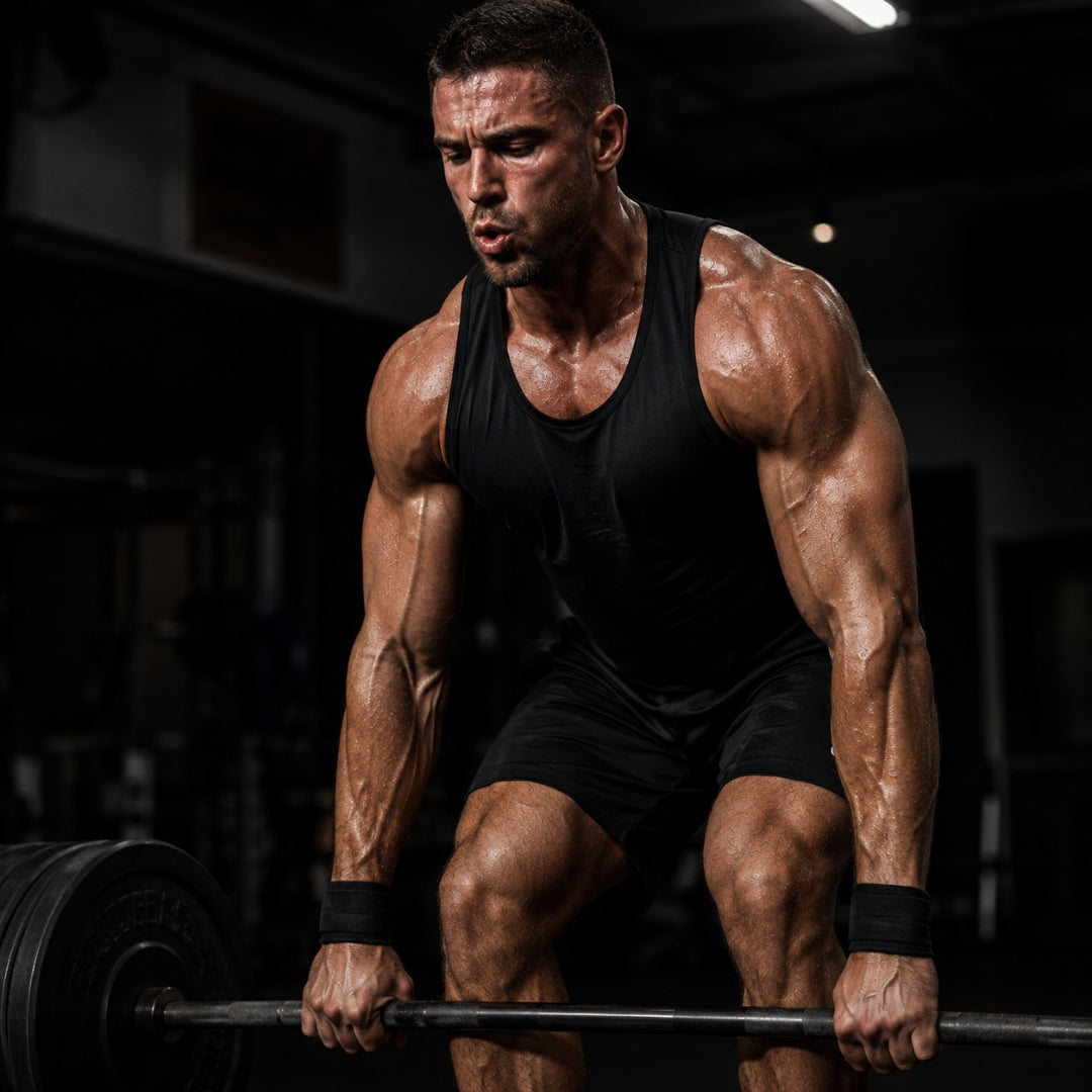Muscular man lifting weights in a gym setting