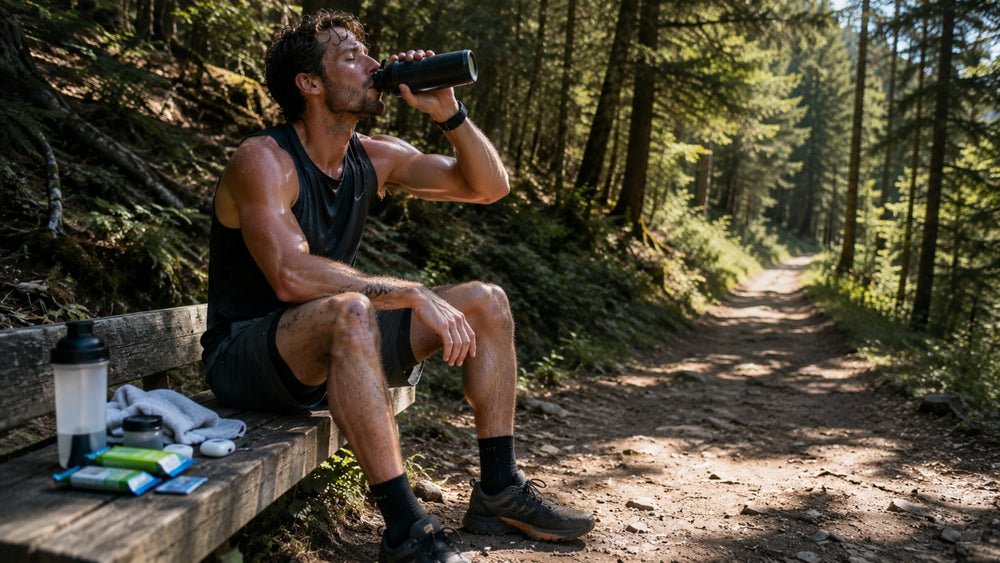 Man taking a break on a wooden bench in a forest, drinking from a bottle.
