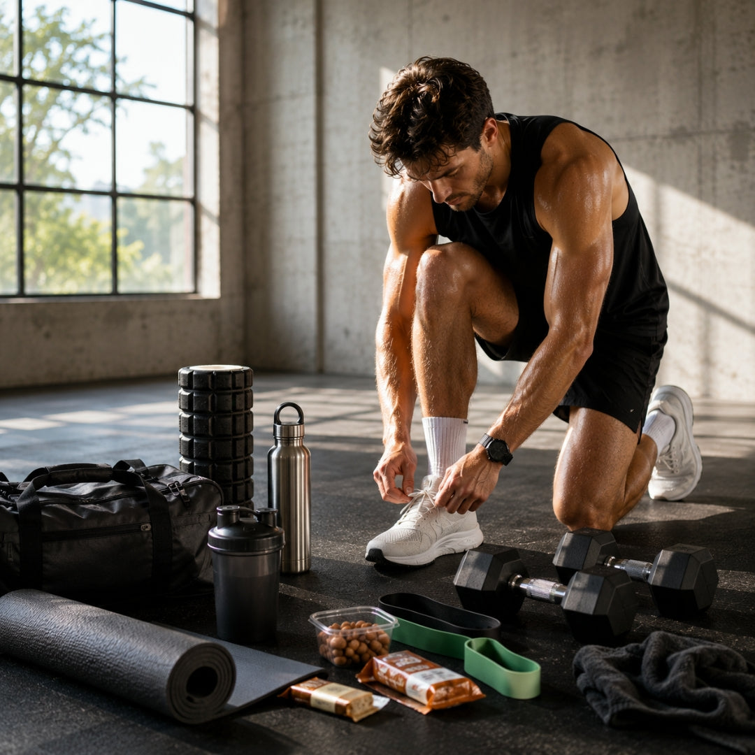Athletic man tying sneakers next to dumbbells and workout fitness equipment.