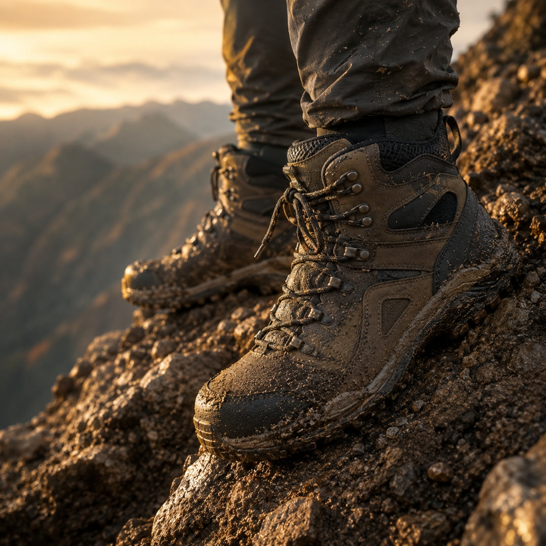 Muddy hiking boots on a rocky mountain with a scenic background