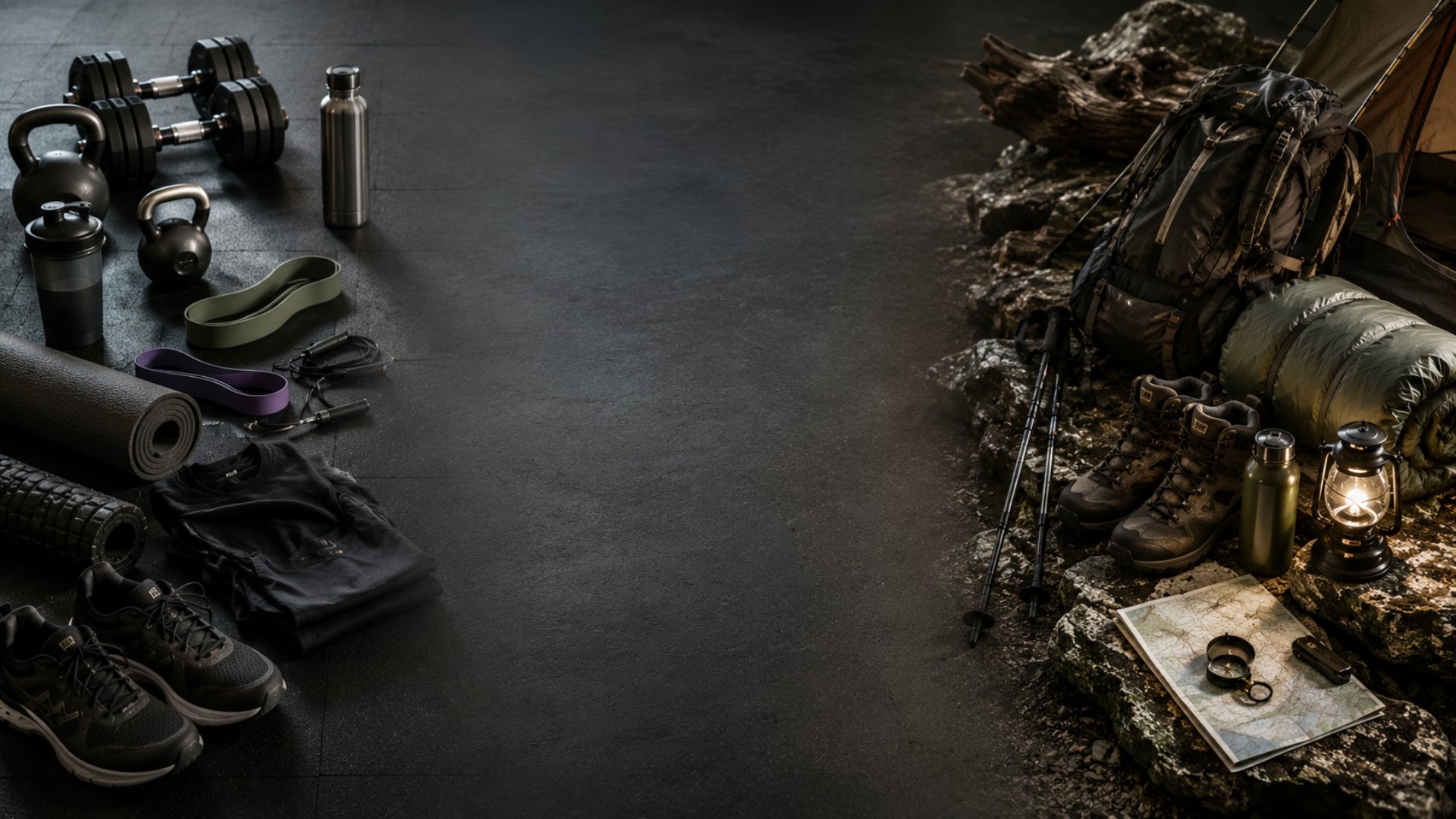 Professional gym equipment and rugged outdoor hiking gear on dark ground.