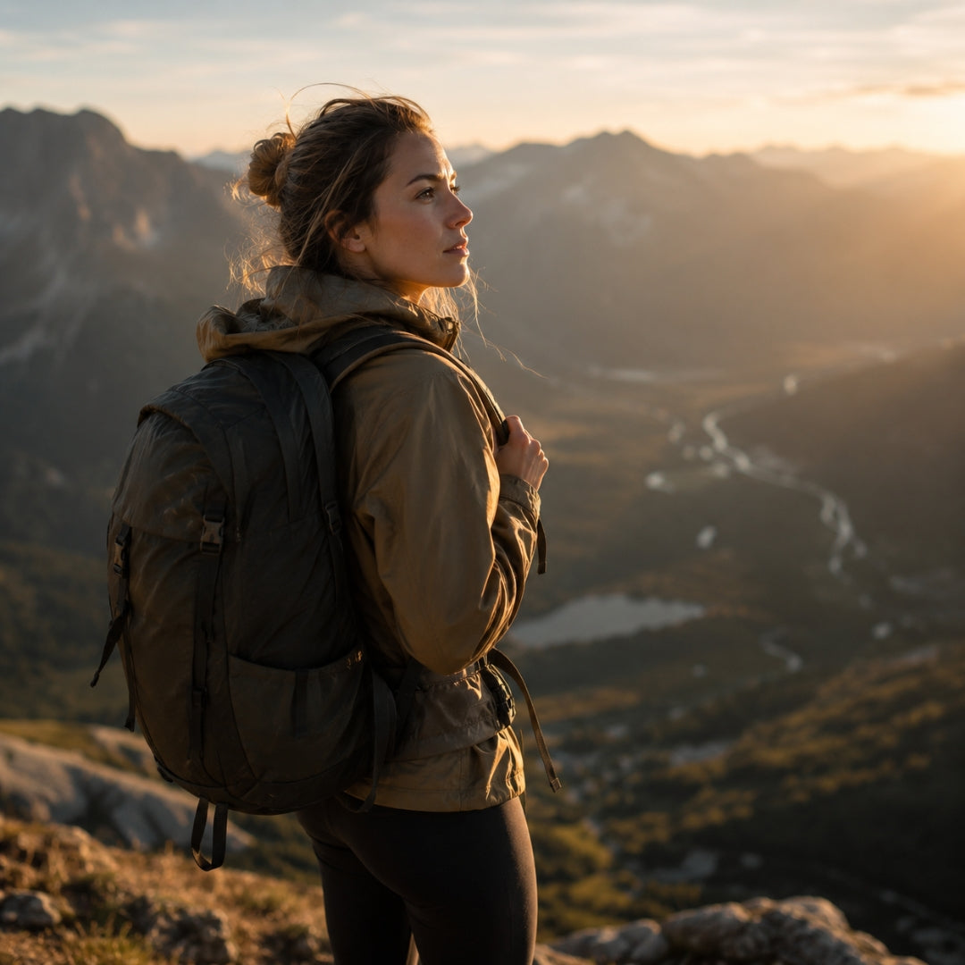 Woman with a backpack standing on a mountain peak at sunset